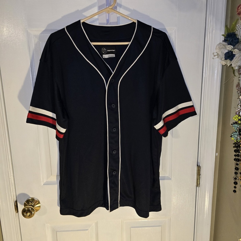 Original Use Mens Baseball Jersey Black White Red Trim‎ Short Sleeve Size L